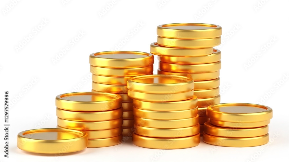Stacked Golden Coins with Shiny Surfaces on a White Background Stacked Golden Coins with Shiny Surfaces on a White Background