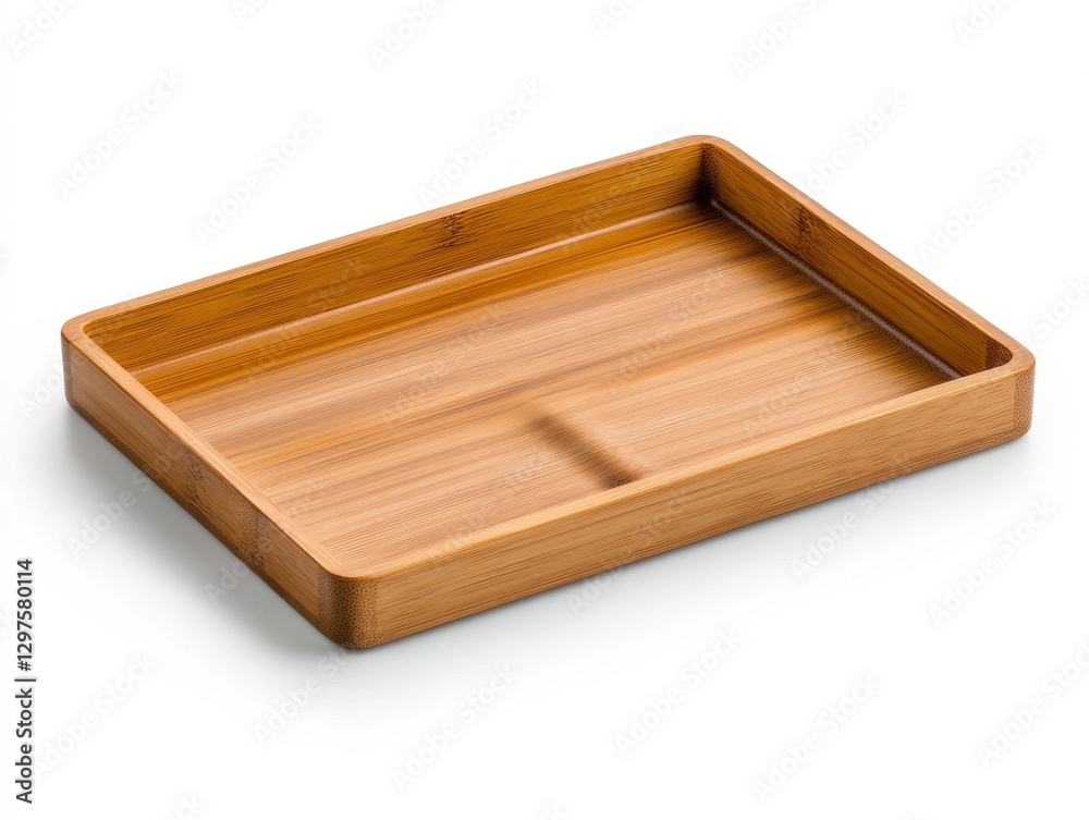 Rectangular light brown wooden tray with a divided section, isolated on a white background. Studio shot with subtle shadow Rectangular light brown wooden tray with a divided section, isolated on a white background. Studio shot with subtle shadow
