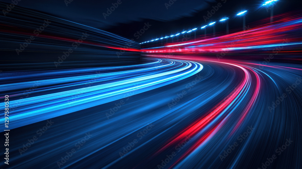 A long-exposure photograph of an illuminated racetrack at night A long-exposure photograph of an illuminated racetrack at night