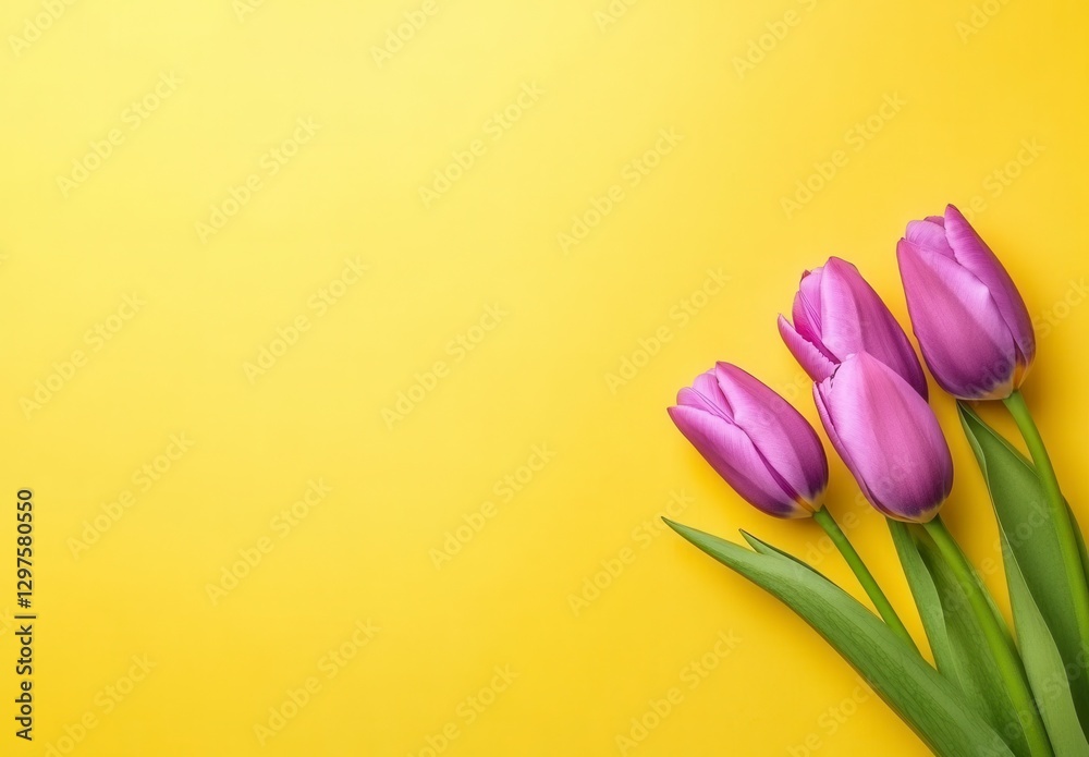 Three purple tulips arranged on a yellow background. The image is simple and elegant, ideal for spring or Easter themes Three purple tulips arranged on a yellow background. The image is simple and elegant, ideal for spring or Easter themes