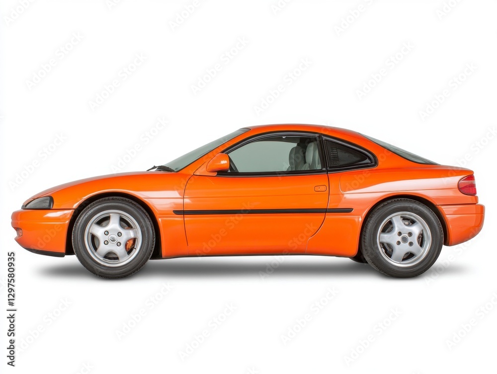 Profile view of a vibrant orange sports coupe against a stark white background. The car is sleek and low to the ground, showcasing its sporty design Profile view of a vibrant orange sports coupe against a stark white background. The car is sleek and low to the ground, showcasing its sporty design