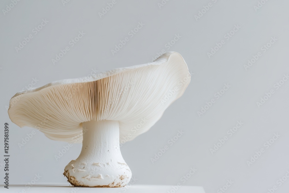 A Large White Mushroom Isolated Against a Plain Light Background A Large White Mushroom Isolated Against a Plain Light Background