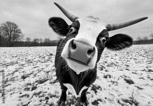 Close up black and white photo of a curious cow in a snowy field. The cow's expression is playful and engaging. 