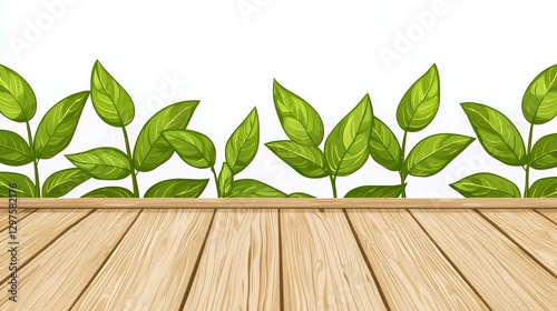Green Leaves Border on Wooden Tabletop