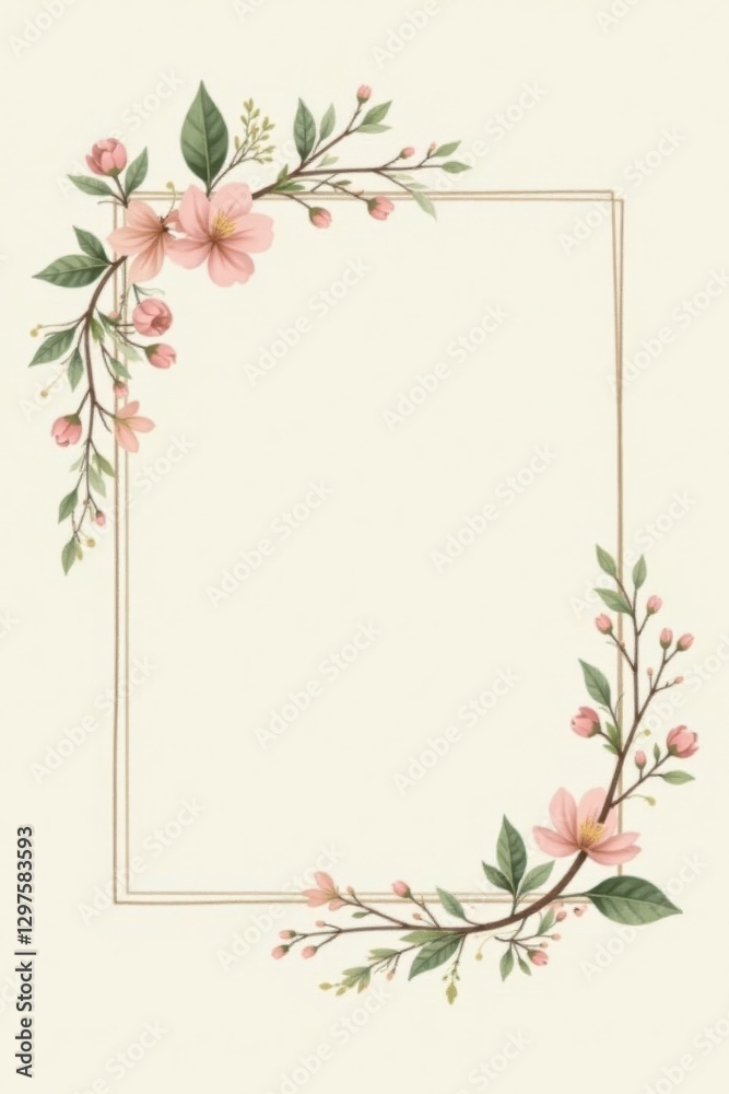 Obraz premium Elegant Floral Frame with Delicate Pink Blossoms and Green Leaves, Perfect for Invitations, Announcements, or Decorative Purposes