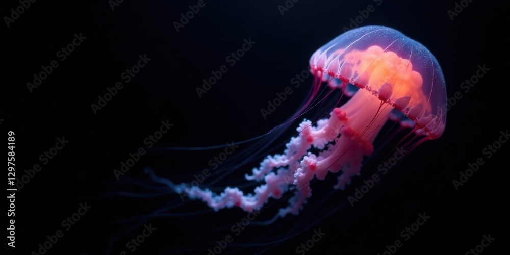 Fototapeta premium An ethereal jellyfish, glowing with an incandescent pink hue, gracefully drifts in the inky blackness of the deep ocean, its delicate tentacles trailing behind like shimmering ribbons.