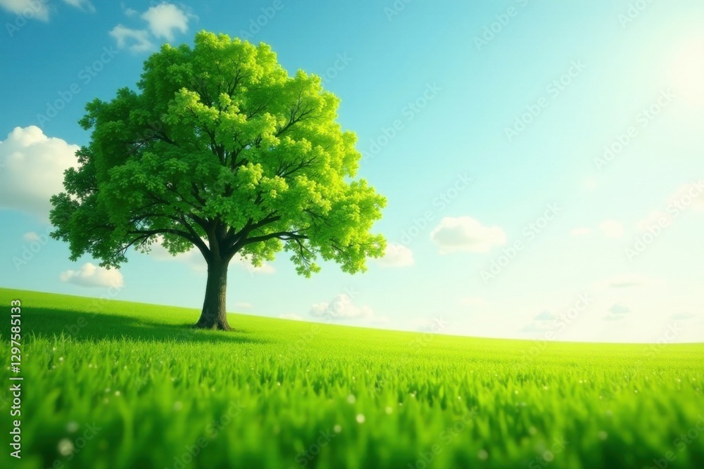 Fototapeta premium Serene Landscape Featuring a Single, Lush Green Tree on a Gently Rolling Meadow Under a Bright, Sunny Sky