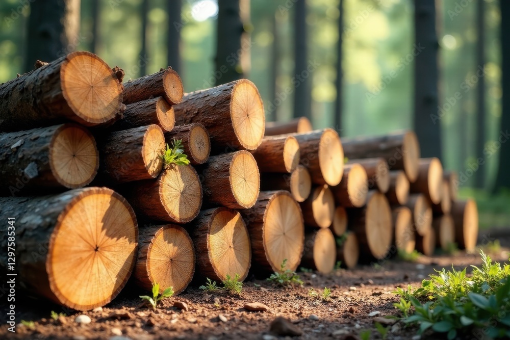 Sunlight illuminates a neatly stacked pile of freshly cut logs in a forest setting Sunlight illuminates a neatly stacked pile of freshly cut logs in a forest setting
