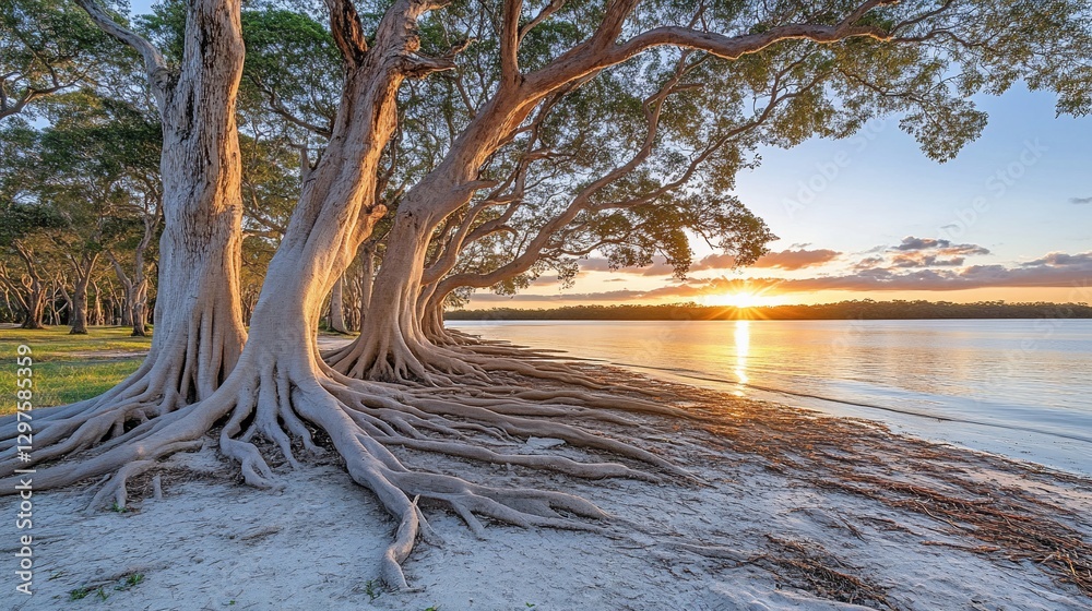 Sunset over lake, trees roots, tranquil scene, nature photography, peaceful background Sunset over lake, trees roots, tranquil scene, nature photography, peaceful background