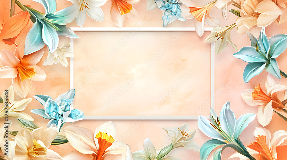 Fototapeta premium Luxurious floral border with pastel pink and white roses