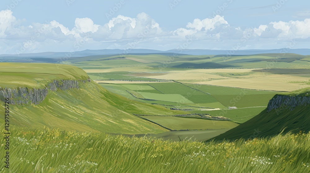Vast Green Valley Landscape Under a Sunny Sky Vast Green Valley Landscape Under a Sunny Sky