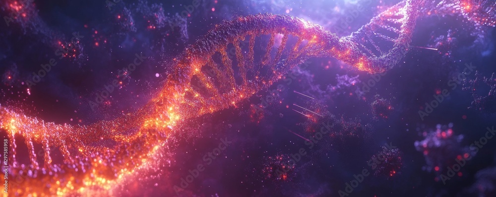 artistic representation of a glowing DNA helix surrounded by digital particles, symbolizing scientific innovation, Generative AI artistic representation of a glowing DNA helix surrounded by digital particles, symbolizing scientific innovation, Generative AI