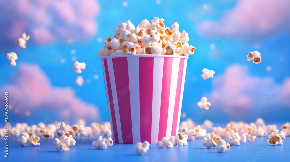 striped pink and white popcorn bucket overflows with popcorn against dreamy sky background, with fluffy clouds and scattered popcorn pieces creating whimsical atmosphere striped pink and white popcorn bucket overflows with popcorn against dreamy sky background, with fluffy clouds and scattered popcorn pieces creating whimsical atmosphere
