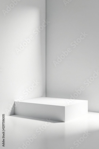 Wallpaper Mural A minimalist white platform situated in a corner, bathed in soft light, offering a pristine backdrop for product display or conceptual art. Torontodigital.ca