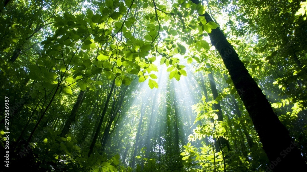 Fototapeta premium Sunbeams in Lush Green Forest Nature Photography Sunlight Through Trees Canopy Ecology
