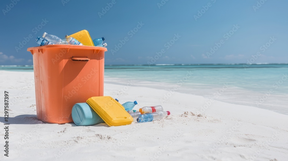 Overfilled Recycling Bin on Tropical Beach Pollution Crisis Overfilled Recycling Bin on Tropical Beach Pollution Crisis