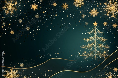 minimalist Christmas-themed design with golden snowflakes and a tree outline on a dark green background, Generative AI