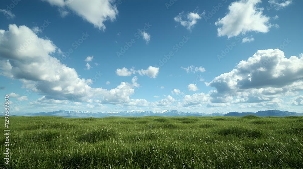Sunny day, grassy field, distant mountains, blue sky Sunny day, grassy field, distant mountains, blue sky
