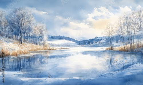 watercolor painting of a winter landscape with a frozen lake, frosted trees, and snow-covered hills in the distance, Generative AI