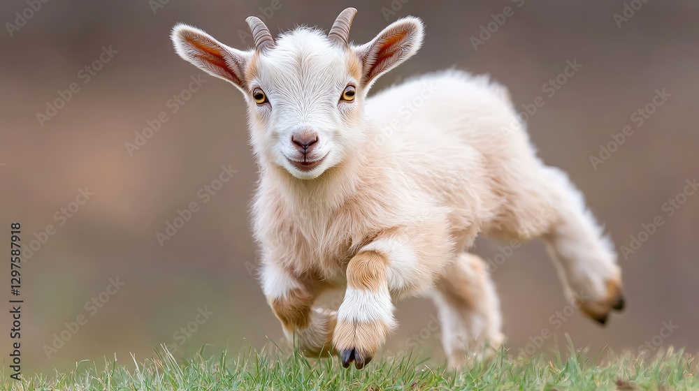 Fototapeta premium Playful baby goat running joyfully across a green grassy meadow during a bright day.