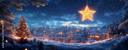 glowing Christmas star hanging above a snowy village under a midnight blue sky filled with twinkling stars, Generative AI