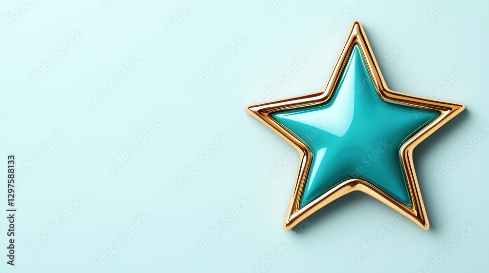 A shiny turquoise star with a golden outline sits on a soft pastel background, creating a vibrant yet calming visual appeal.