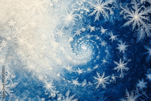 abstract winter-themed design with swirling snowflakes and a gradient blue-to-white background, Generative AI