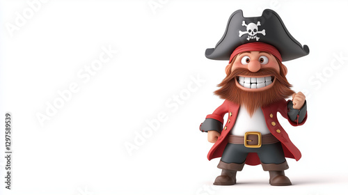 Ahoy, Matey! A cheerful cartoon pirate with a wide grin and a mischievous twinkle in his eye stands ready for adventure.  His black hat, adorned with a skull and crossbones.