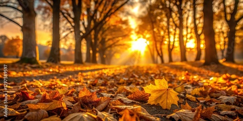 Wallpaper Mural Golden Hour Serenity A Single Maple Leaf on a Path of Autumn Leaves, Backlit by the Warm Glow of a Setting Sun in a Wooded Area Torontodigital.ca