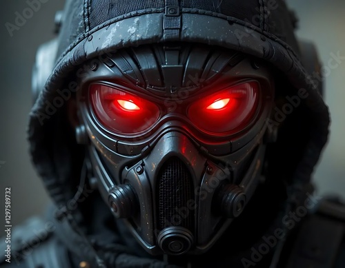 Futuristic Warrior with Glowing Red Eyes and Black Tactical Gear