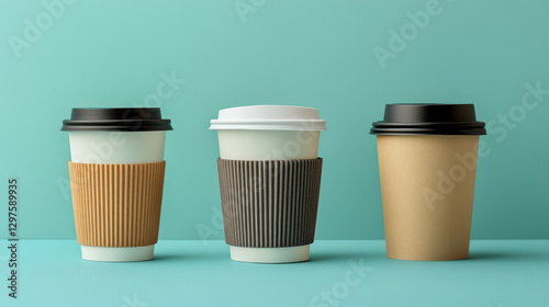 Wallpaper Mural Three disposable coffee cups with sleeves are arranged against teal background, showcasing different lid styles and sleeve colors. image highlights variety in design and concept of recycling Torontodigital.ca