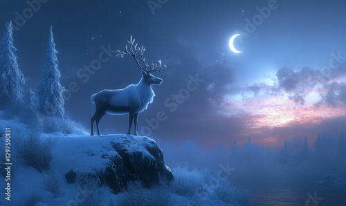 artistic rendering of a reindeer standing majestically in a snow-covered field under a starry winter sky, Generative AI