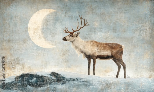 artistic rendering of a reindeer standing majestically in a snow-covered field under a starry winter sky, Generative AI