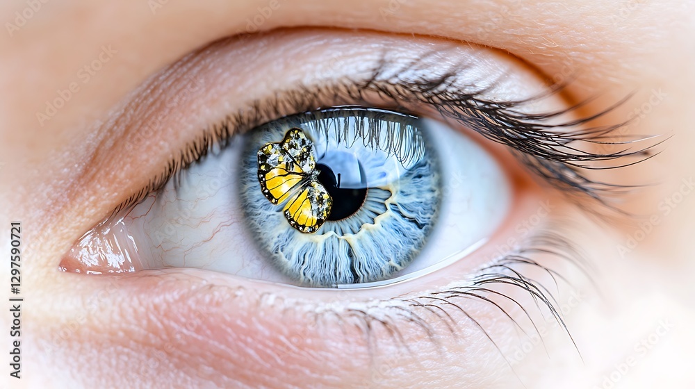 Fototapeta premium Close up of a Human Eye with a Butterfly Reflection Macro Photography