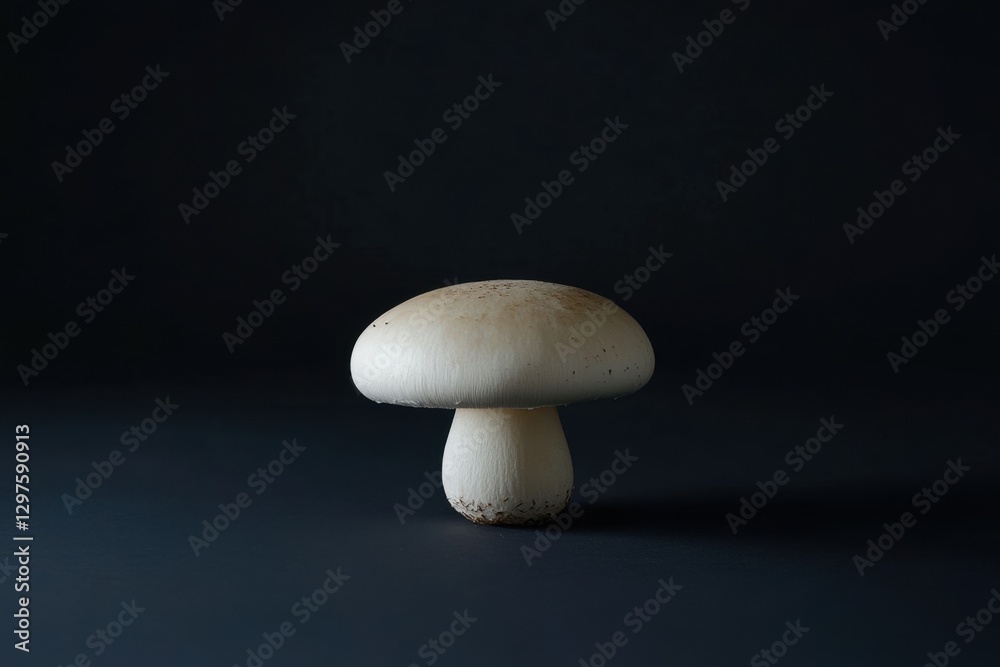 A single white mushroom isolated on a dark background