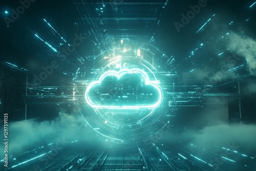 futuristic banner showcasing a glowing cloud icon surrounded by digital connections and a gradient background, Generative AI