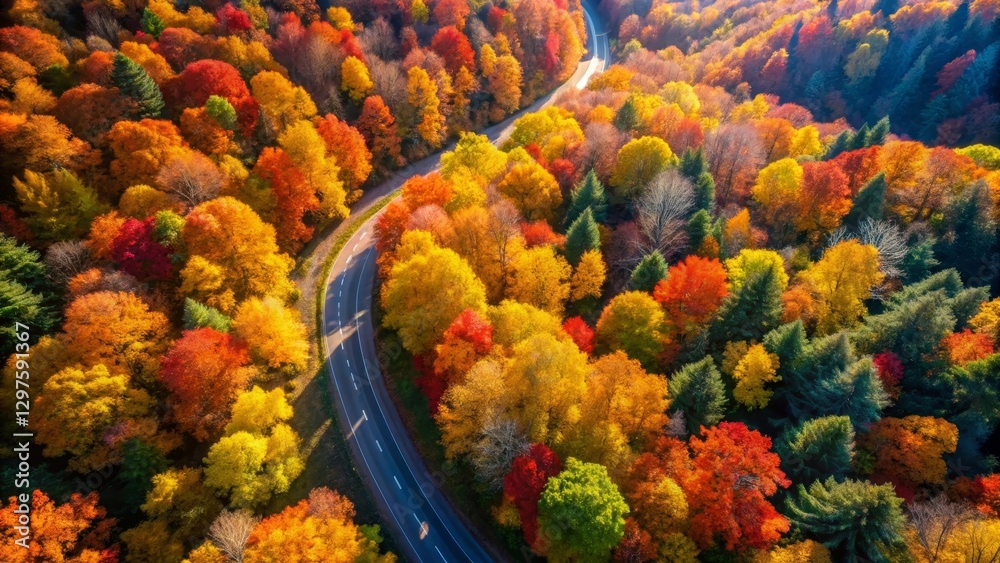 Aerial View of a Winding Road Through a Vibrant Autumn Forest Displaying a Kaleidoscope of Colors Aerial View of a Winding Road Through a Vibrant Autumn Forest Displaying a Kaleidoscope of Colors