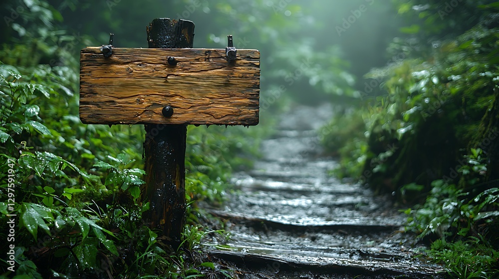 Fototapeta premium Blank Wooden Trail Signpost in Lush Rainy Forest Nature Path Hiking Journey
