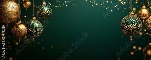 stylish banner design with golden calligraphy text surrounded by hanging ornaments and a dark green background, Generative AI
