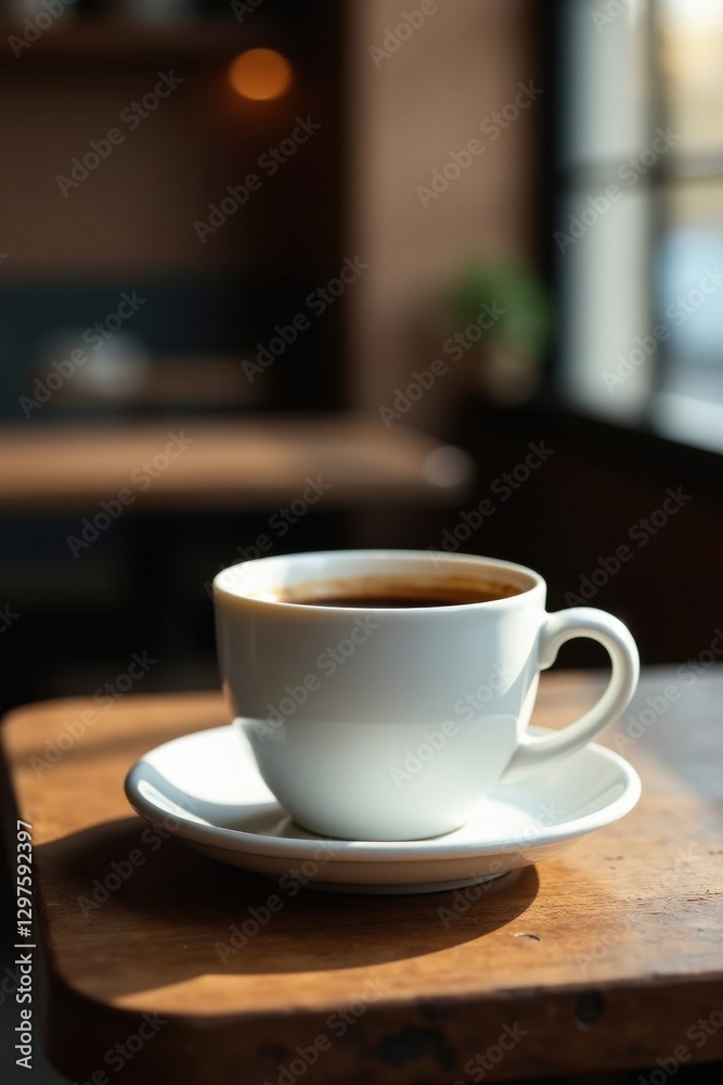 Aromatic Coffee in a White Cup on Wooden Table in Sunlit Cafe Aromatic Coffee in a White Cup on Wooden Table in Sunlit Cafe