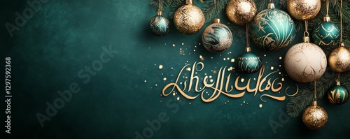stylish banner design with golden calligraphy text surrounded by hanging ornaments and a dark green background, Generative AI