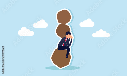 A businessman sits on a rock, bearing the weight of a stack of stones, illustration of heavy business and work burdens and overload