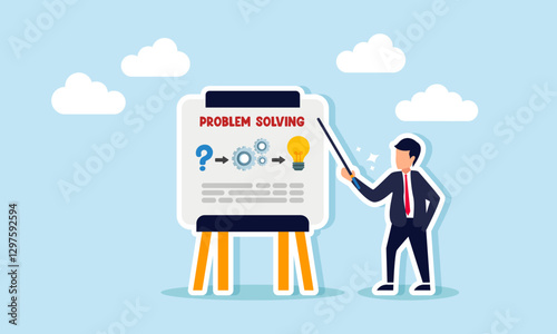 A businessman as if teach on a board with a question mark, system gear, light bulb, and the words PROBLEM SOLVING, illustration of explaining problem solving focus on ideas