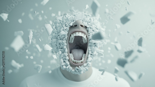 Shattered Screams: A person's face disintegrates into fragments, revealing a wide-open mouth and a raw, emotive expression photo