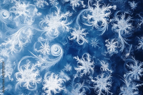 abstract depiction of winter with swirling white snowflakes on a gradient blue background, perfect for holiday cards, Generative AI