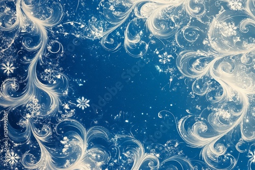 abstract depiction of winter with swirling white snowflakes on a gradient blue background, perfect for holiday cards, Generative AI
