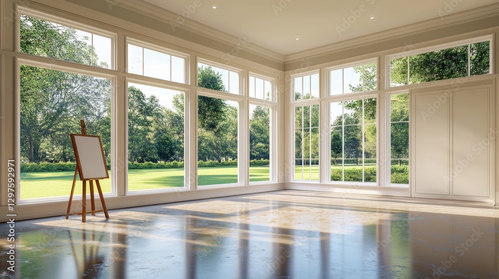 Obraz premium Bright, spacious interior of a modern room with large windows overlooking a lush garden