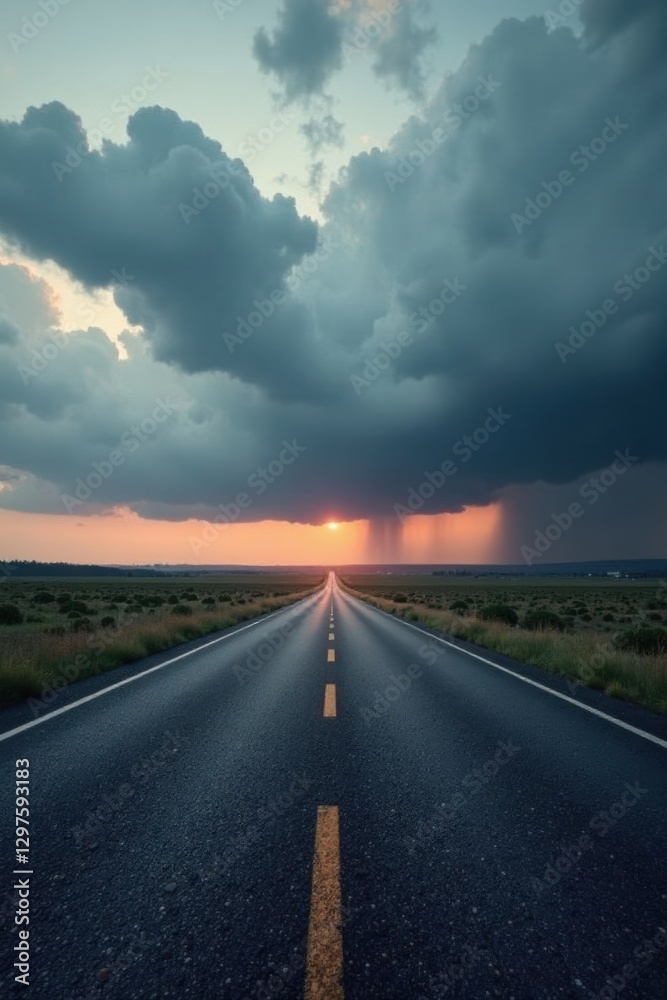 Naklejka premium A Long, Straight Asphalt Road Leads to a Sunset Underneath a Dramatic, Dark Cloud Formation