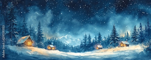dreamy watercolor illustration of snow-covered hills under a starry night sky, with small glowing cabins in the distance, Generative AI