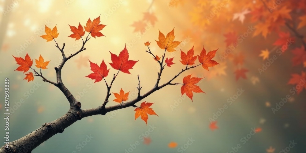 Autumnal Branch with Vibrant Maple Leaves Displaying Seasonal Hues and Natural Beauty Autumnal Branch with Vibrant Maple Leaves Displaying Seasonal Hues and Natural Beauty